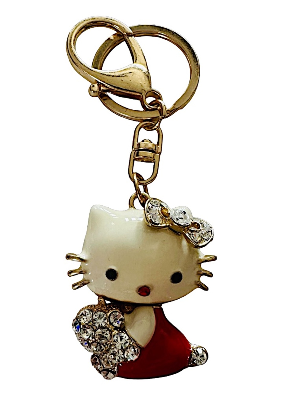 Gold-tone Red White Enameled Jeweled Hello Kitty Keychain Ring 4.5” Luxury
